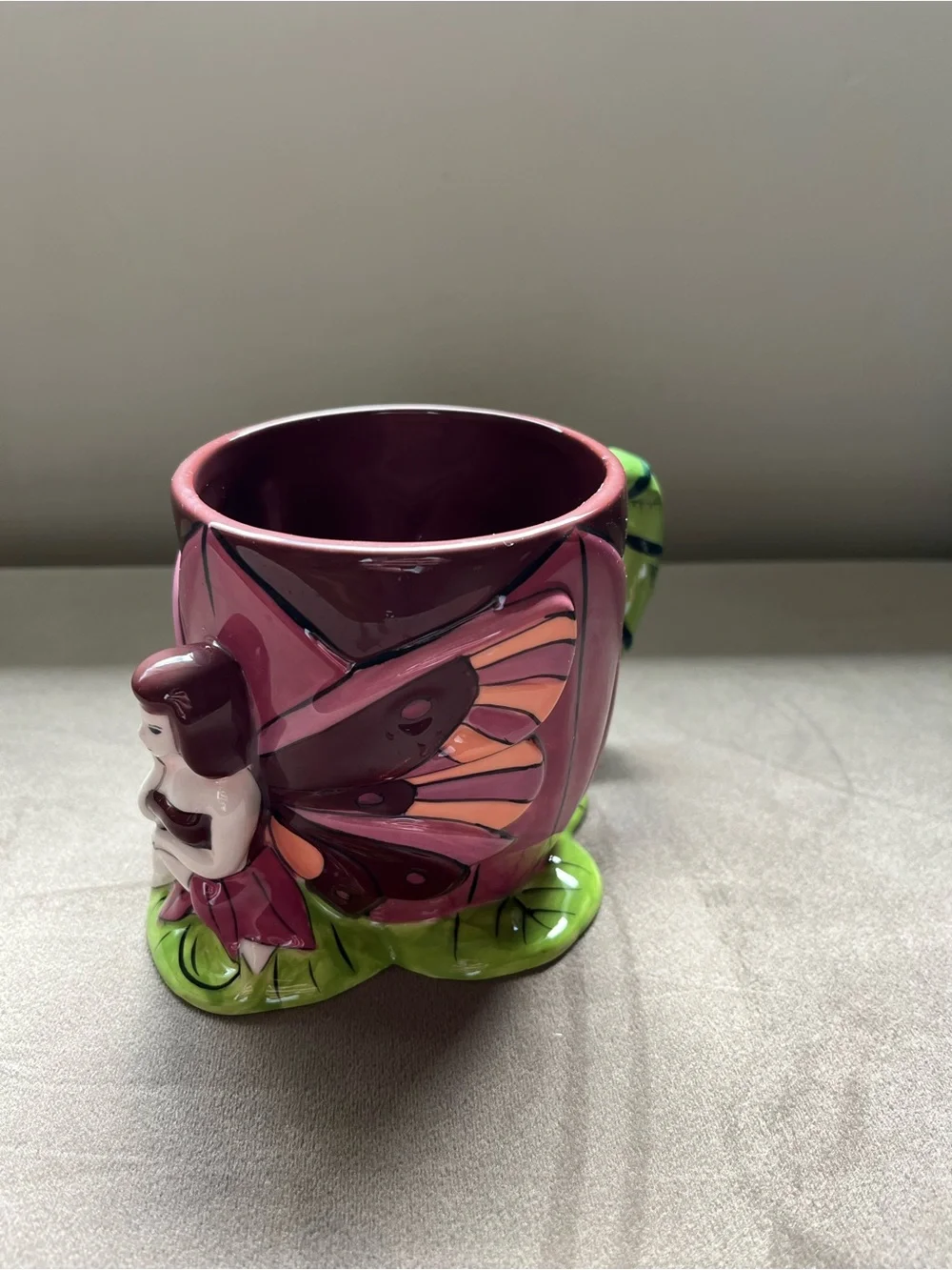 Pink and Green Ceramic Fairy Mug - Decorative Butterfly Design